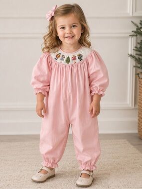 Pink Smocked Baby Romper with Holiday Motif Size 18 months Smockingbird brand